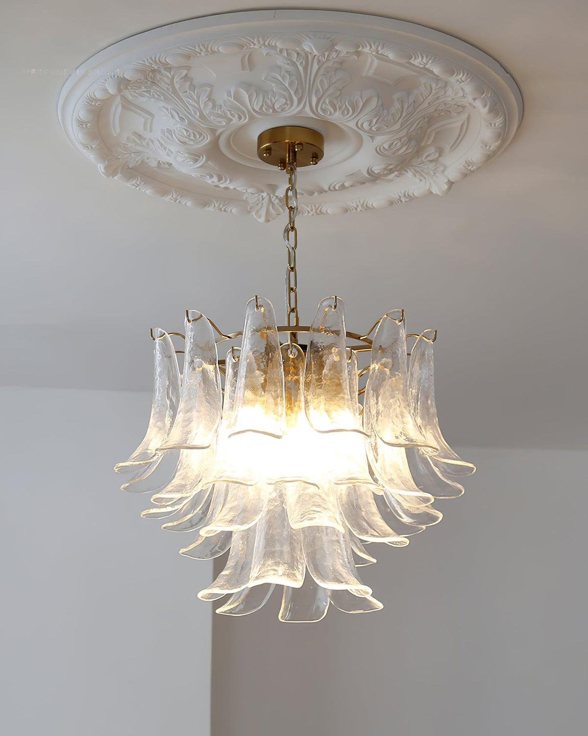 This Clérachic clear glass chandelier glows beneath a carved plaster ceiling rose, with a plain wall corner behind it.