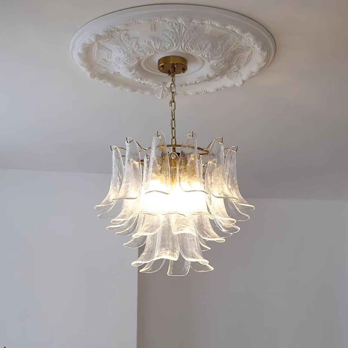 Clérachic clear glass chandelier lit from below, hanging from a brass canopy under a round ornate plaster ceiling rose.