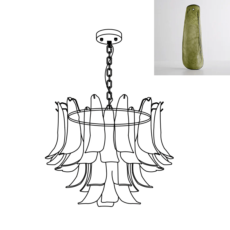 Line drawing of this Clérachic glass leaf chandelier with a small inset swatch of an olive-green glass leaf.