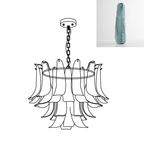 Chandelier line drawing from Clérachic with an inset swatch showing a single teal-blue glass leaf.
