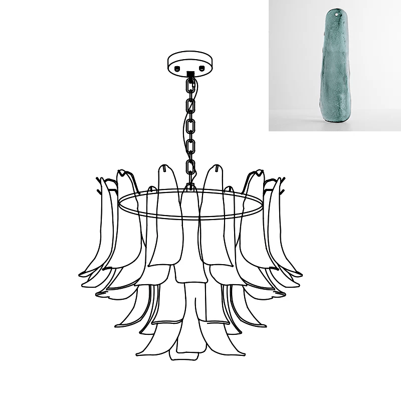 Chandelier line drawing from Clérachic with an inset swatch showing a single teal-blue glass leaf.