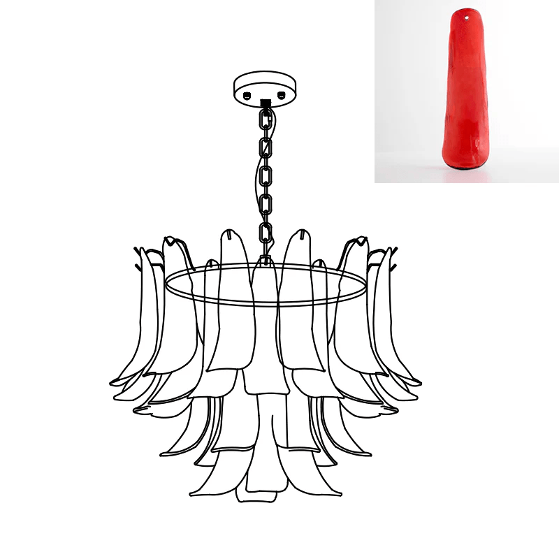 Line drawing of a Clérachic chandelier, with a red glass leaf pictured in a small inset at the top right.