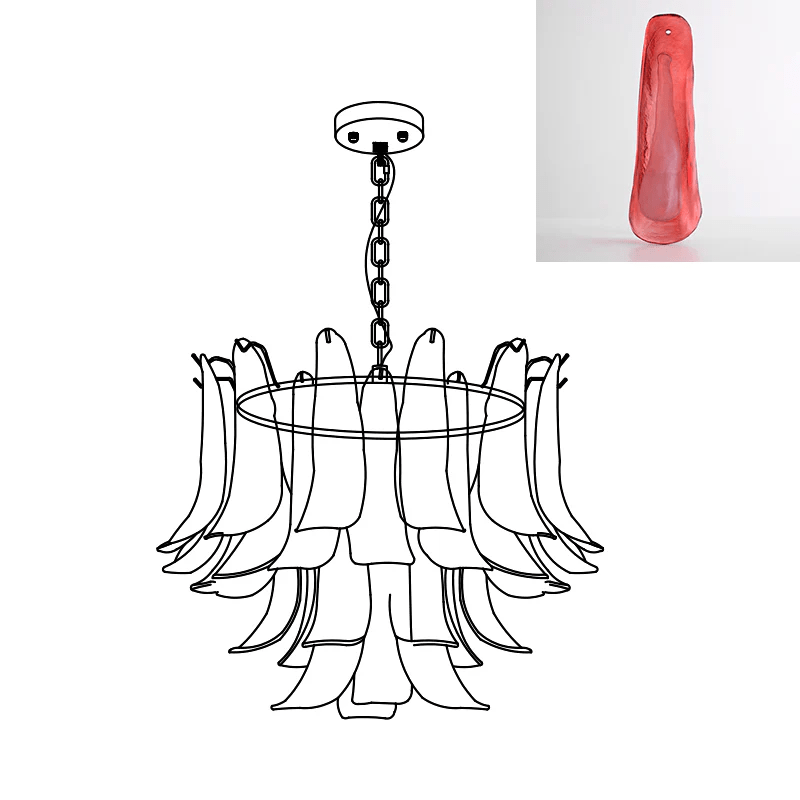 This Clérachic chandelier line drawing carries an inset swatch of a translucent rose-red glass leaf.