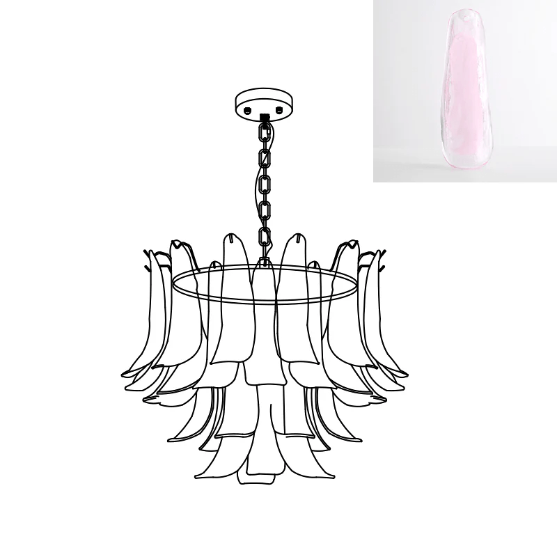 Line drawing of this Clérachic glass leaf chandelier beside an inset swatch of a pale, translucent pink leaf.