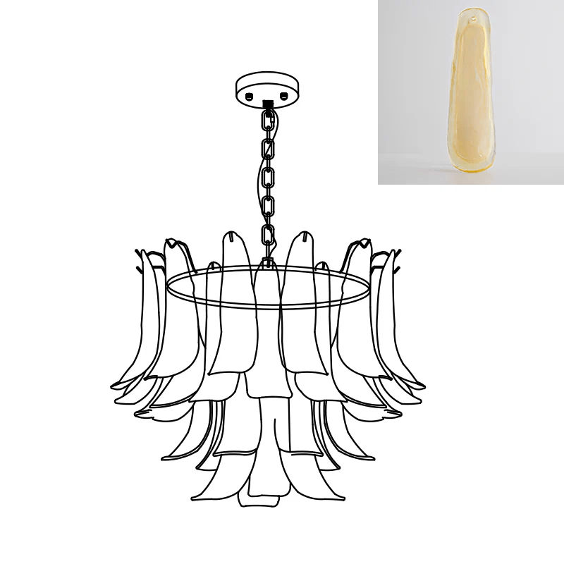 Small swatch of a pale yellow glass leaf beside a line drawing of this Clérachic chandelier.