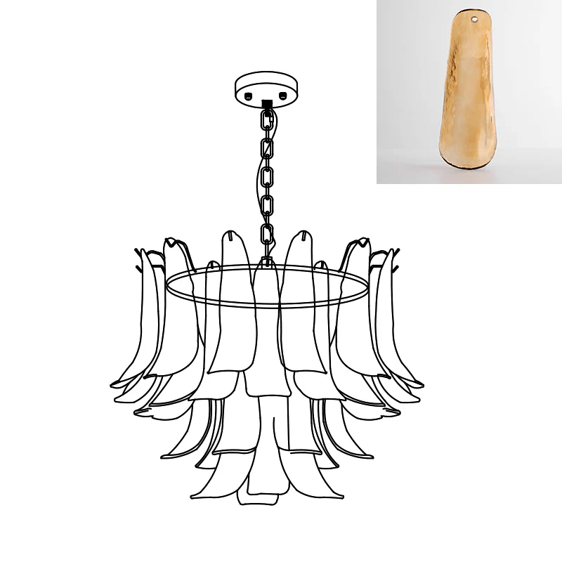 Chandelier line drawing from Clérachic with an inset swatch of a caramel-brown glass leaf.