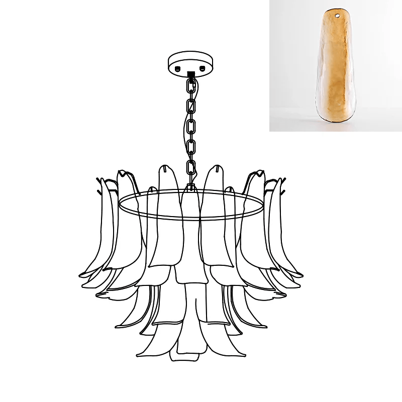 Line drawing of a Clérachic chandelier, with an inset swatch of an amber glass leaf that fades to clear at the base.