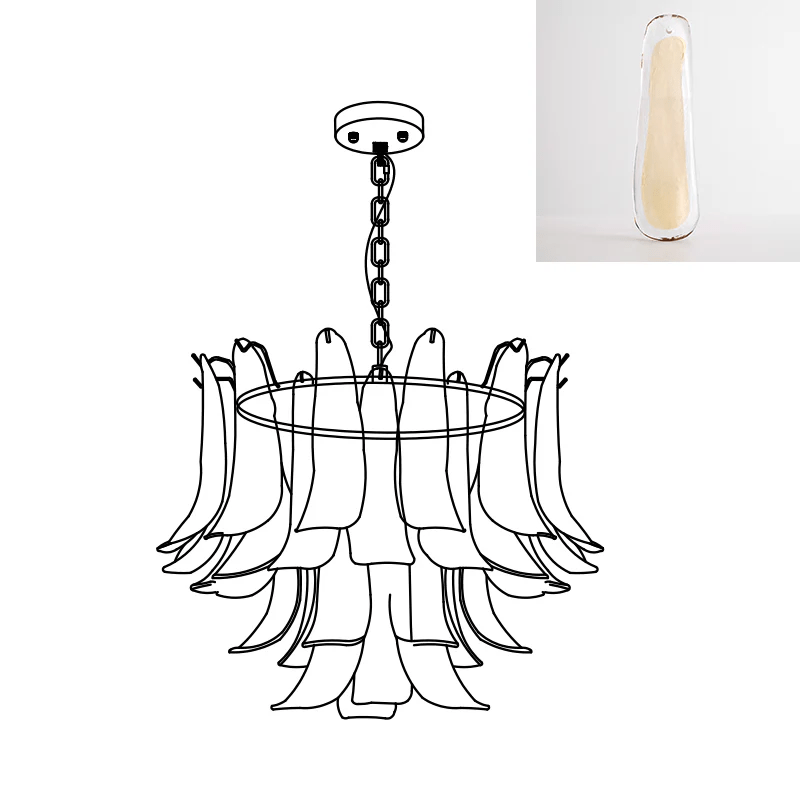 This Clérachic chandelier line drawing sits beside a swatch of a clear glass leaf with a faint yellow tint.