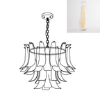 This Clérachic chandelier line drawing sits beside a swatch of a clear glass leaf with a faint yellow tint.