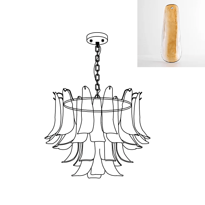 Line drawing of this Clérachic glass leaf chandelier, with a swatch of an amber leaf that turns clear toward the lower edge.