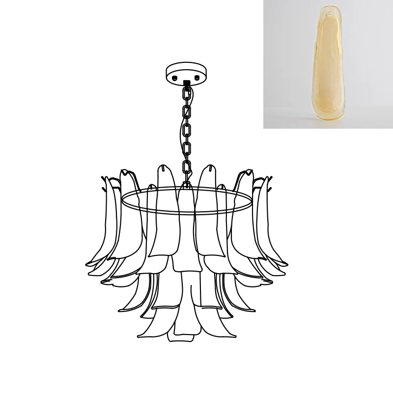 Chandelier line drawing from Clérachic with a swatch of a soft, pale yellow glass leaf at the top right.