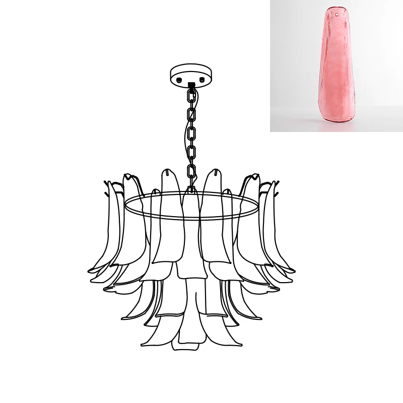 Swatch of a rosy pink glass leaf shown alongside a line drawing of this Clérachic chandelier.
