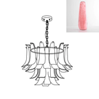 Swatch of a rosy pink glass leaf shown alongside a line drawing of this Clérachic chandelier.