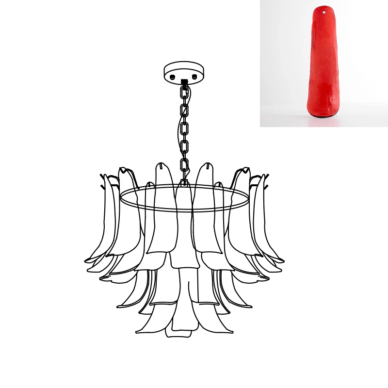 Line drawing from Clérachic of a glass leaf chandelier, with a deep, glossy red leaf shown in the corner.