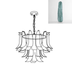 Chandelier line drawing from Clérachic with an inset swatch of a muted grey-green glass leaf.
