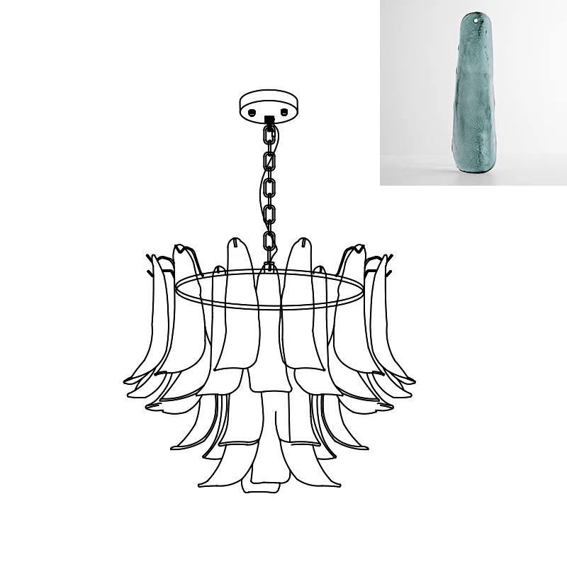 Chandelier line drawing from Clérachic with an inset swatch of a muted grey-green glass leaf.