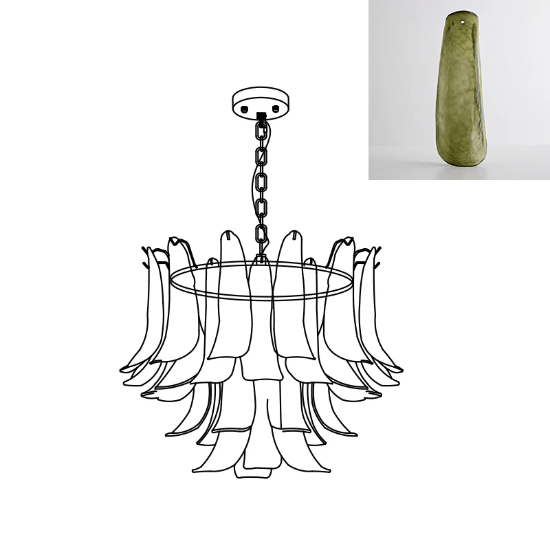 Line drawing of this Clérachic chandelier with a swatch of a mottled moss-green glass leaf at the top right.