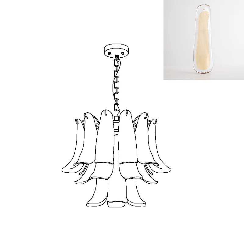 Slimmer line drawing of a Clérachic chandelier, with an inset swatch of a clear glass leaf with a cream centre.