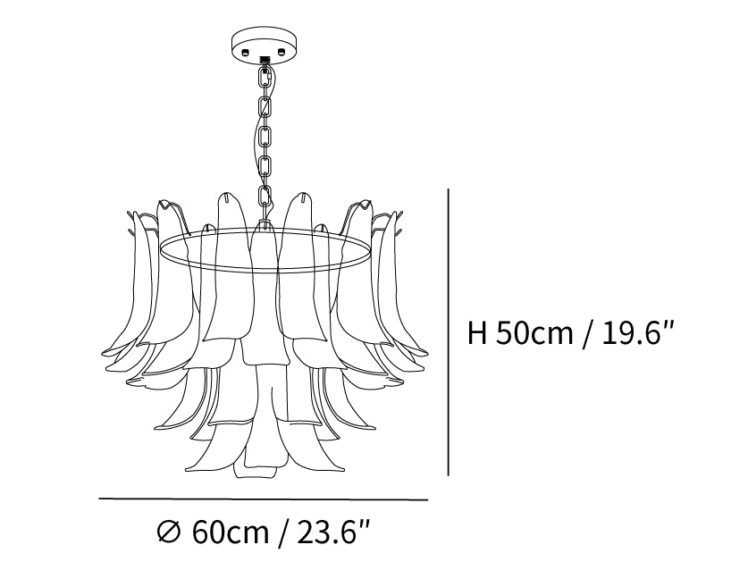 Dimension drawing of this Clérachic chandelier, with its height marked at 50 cm and its diameter at 60 cm.