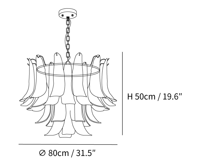 Dimension drawing of this Clérachic chandelier in its widest build, marked 50 cm high and 80 cm across.