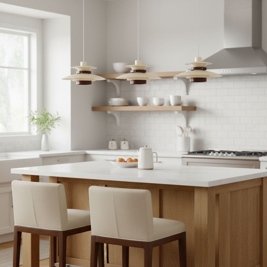 Three small cream Clérachic pendants hang in a row above a pale kitchen island, with white tiles and open shelves behind.