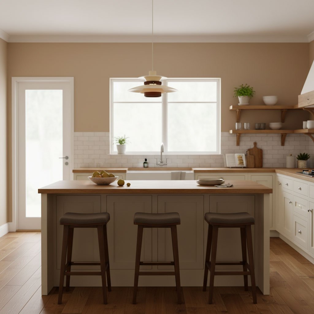 A cream Clérachic pendant with a wood band hangs above a kitchen island with three dark stools, in front of a window.