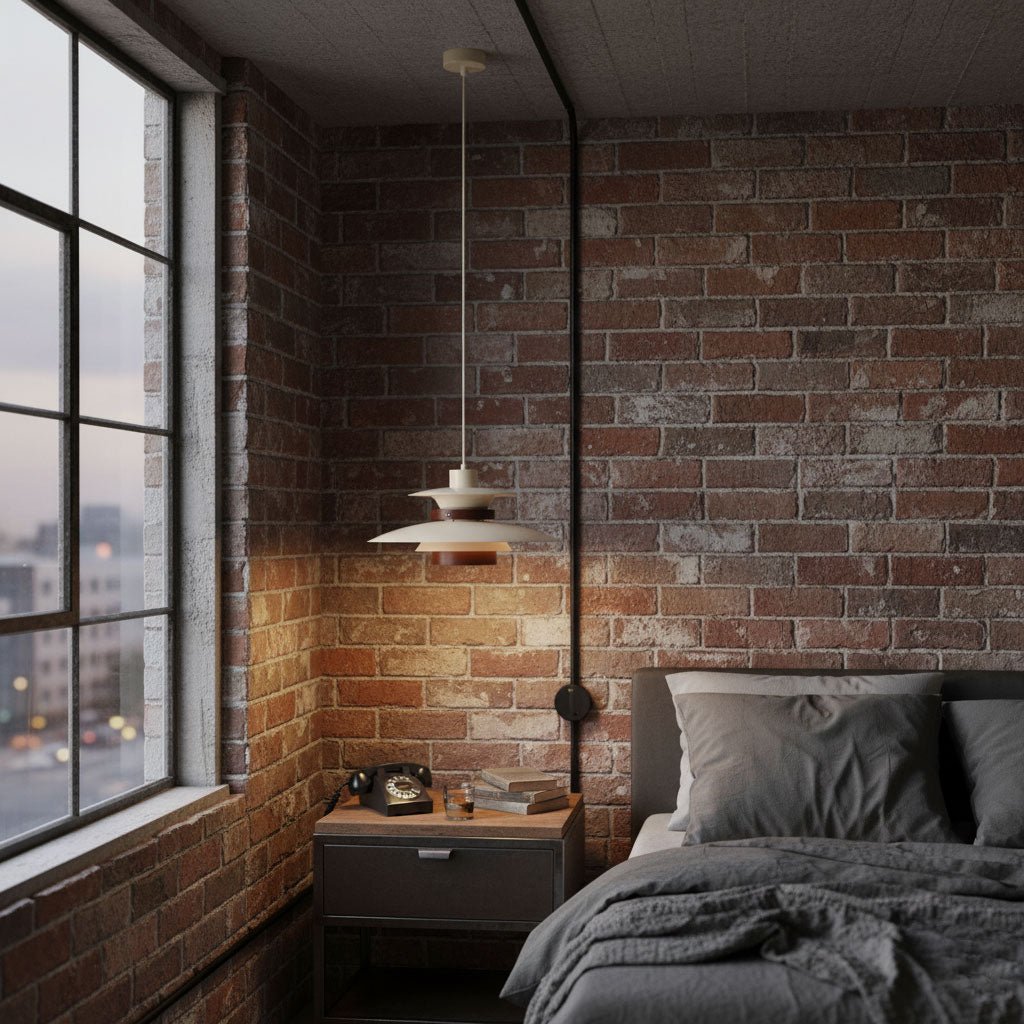 A lit Clérachic pendant warms an exposed brick wall beside a city-view window and a dark grey bed.