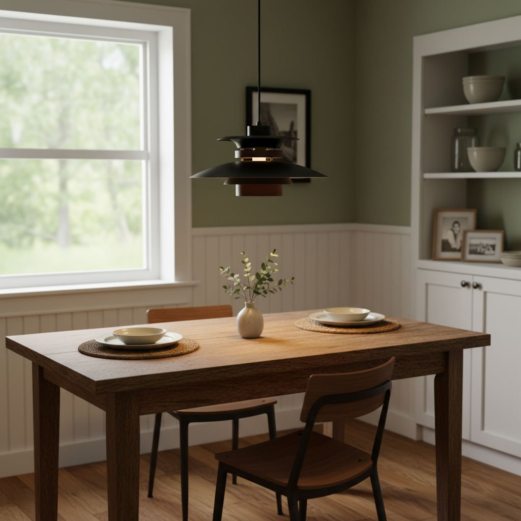 A black Clérachic pendant with wood detail hangs above a wooden table set for two, in a sage-green dining room.