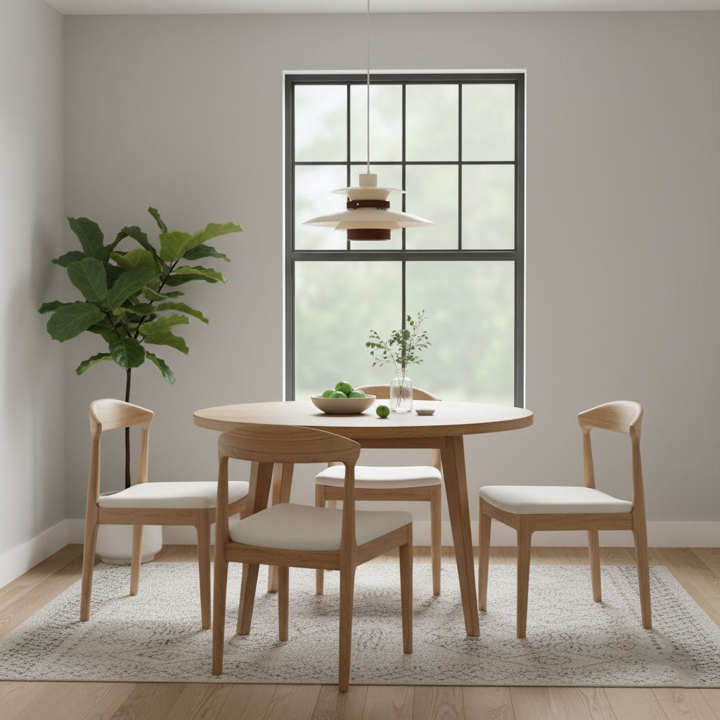 A cream Clérachic pendant hangs in front of a tall window, over a round table with light wooden chairs and a rug.