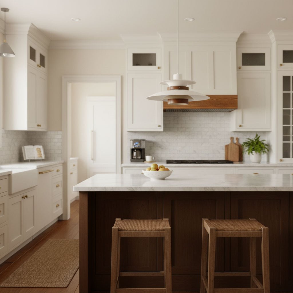 A pale Clérachic pendant hangs in a white kitchen, above a dark island with woven stools and a bowl of fruit.