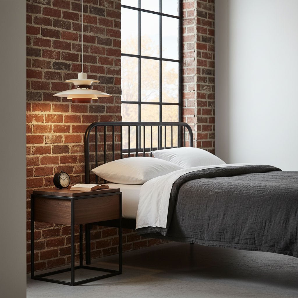 A cream Clérachic pendant with a wood band hangs by a brick wall, above a black-framed bed and a walnut side table.