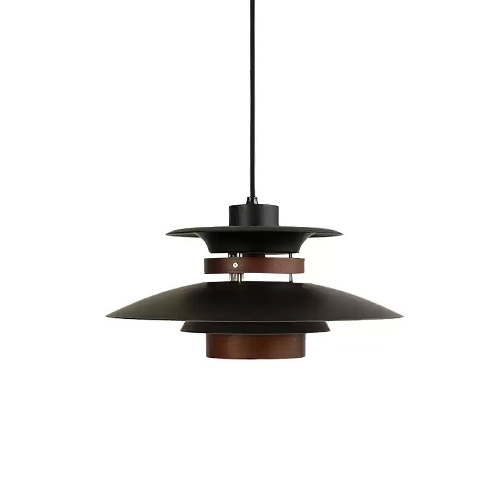 A black Clérachic pendant on a black cord, shown in full on a white backdrop with its wood band and cylinder.