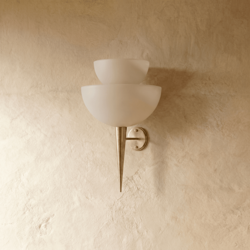 Clérachic wall lamp in satin brass, unlit front view of the two stacked frosted glass shades.