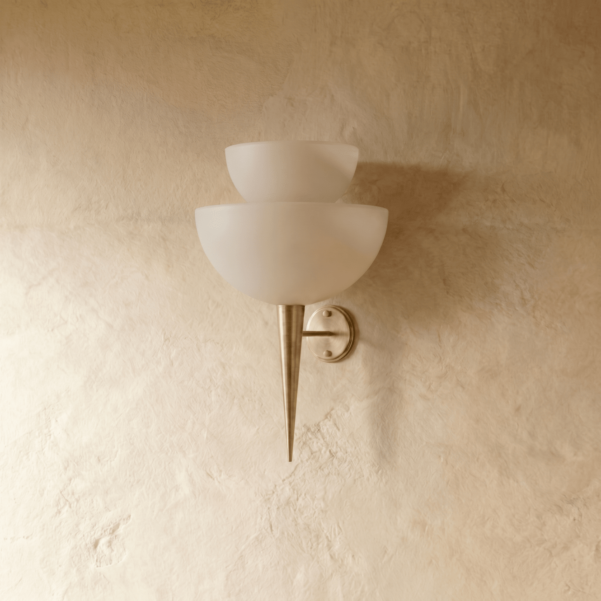 Clérachic wall lamp in satin brass, unlit front view of the two stacked frosted glass shades.