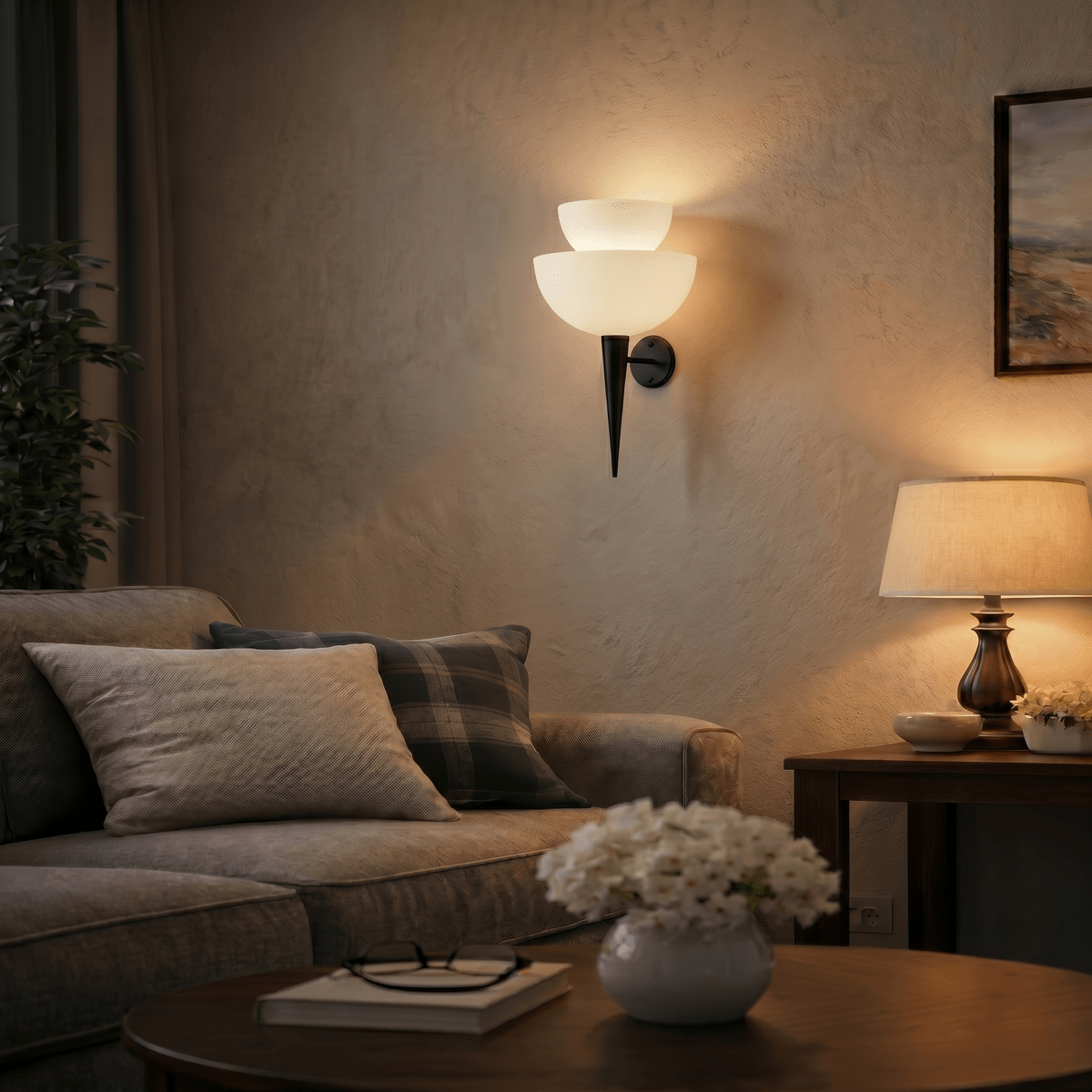 Clérachic wall lamp in matte black glowing beside a framed print above a beige sofa and coffee table.