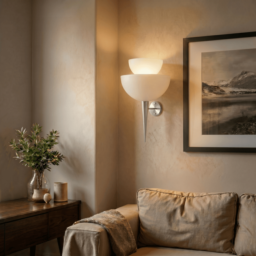 Clérachic wall lamp in chrome glowing in a living room corner beside a framed mountain photograph.