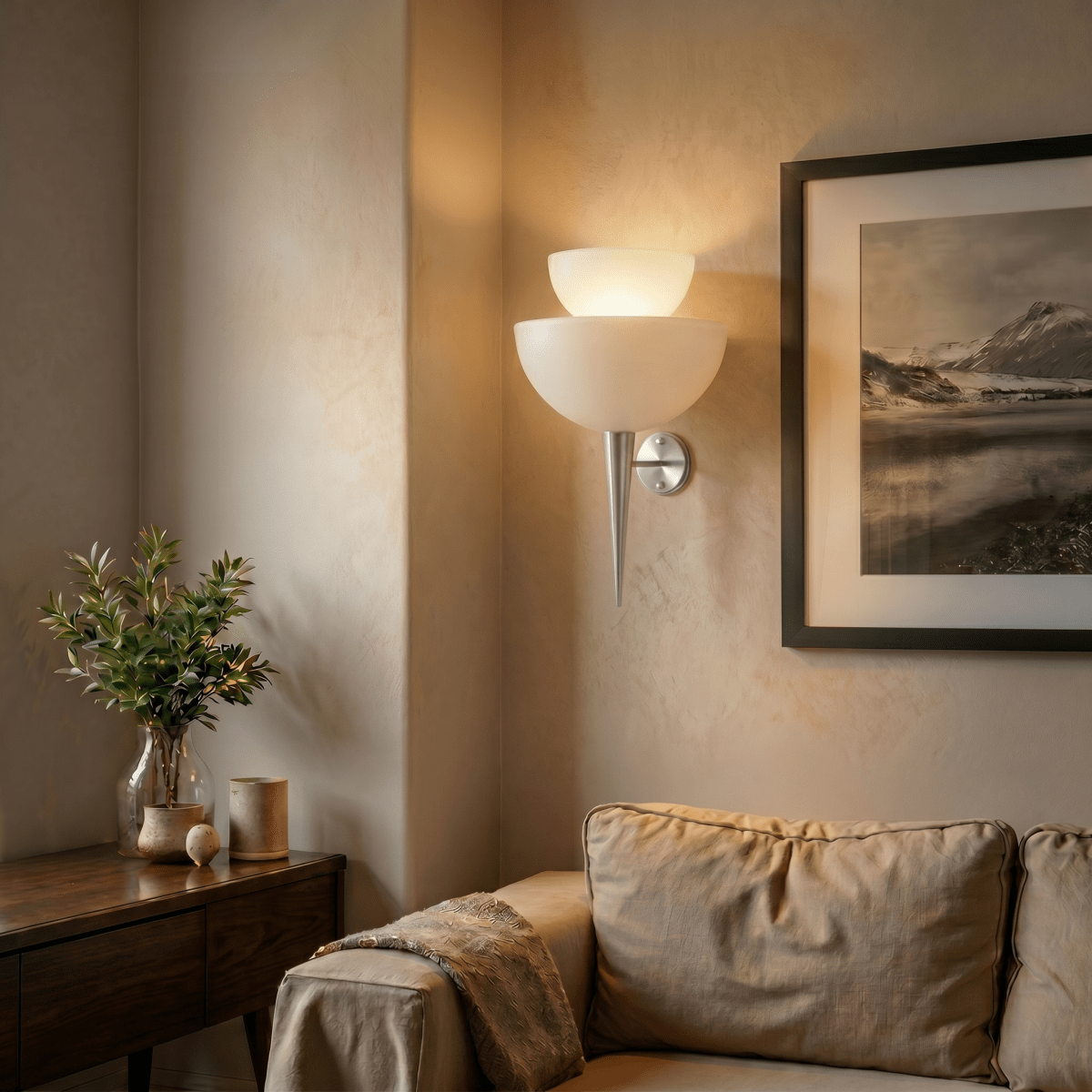 Clérachic wall lamp in chrome glowing in a living room corner beside a framed mountain photograph.
