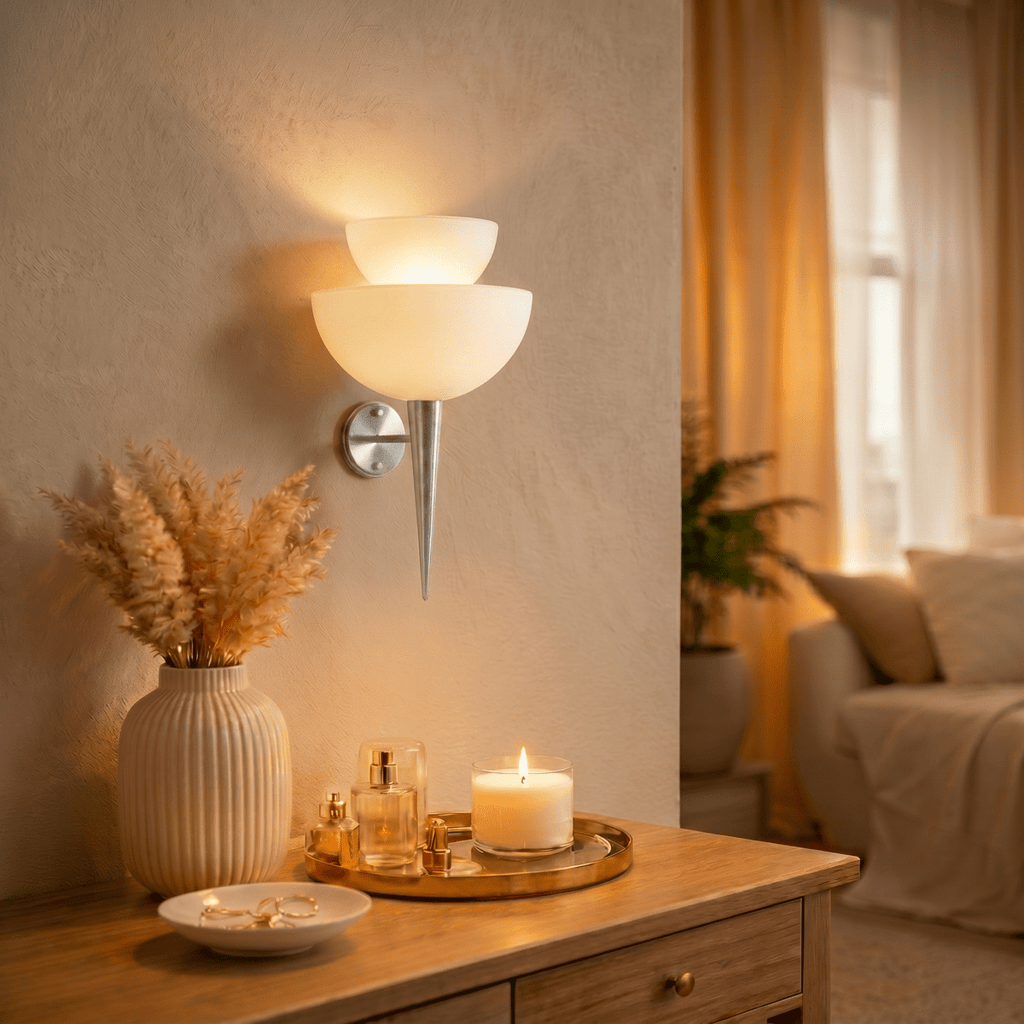 Clérachic wall lamp in chrome glowing beside a side table with a lit candle and sheer curtains.