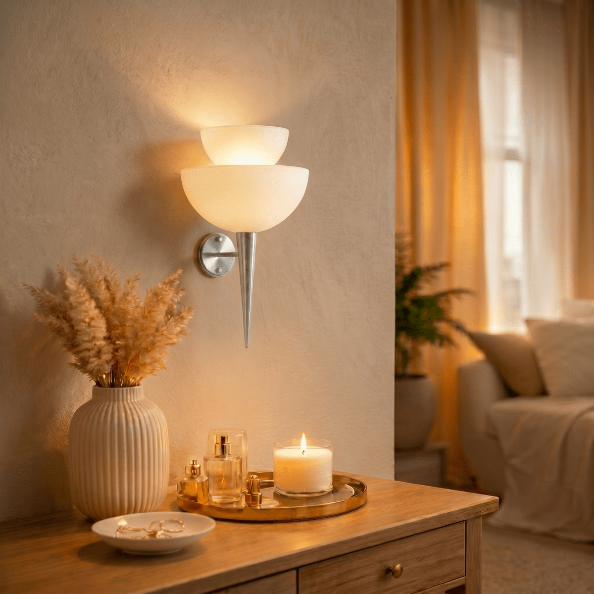 Clérachic wall lamp in chrome glowing beside a side table with a lit candle and sheer curtains.