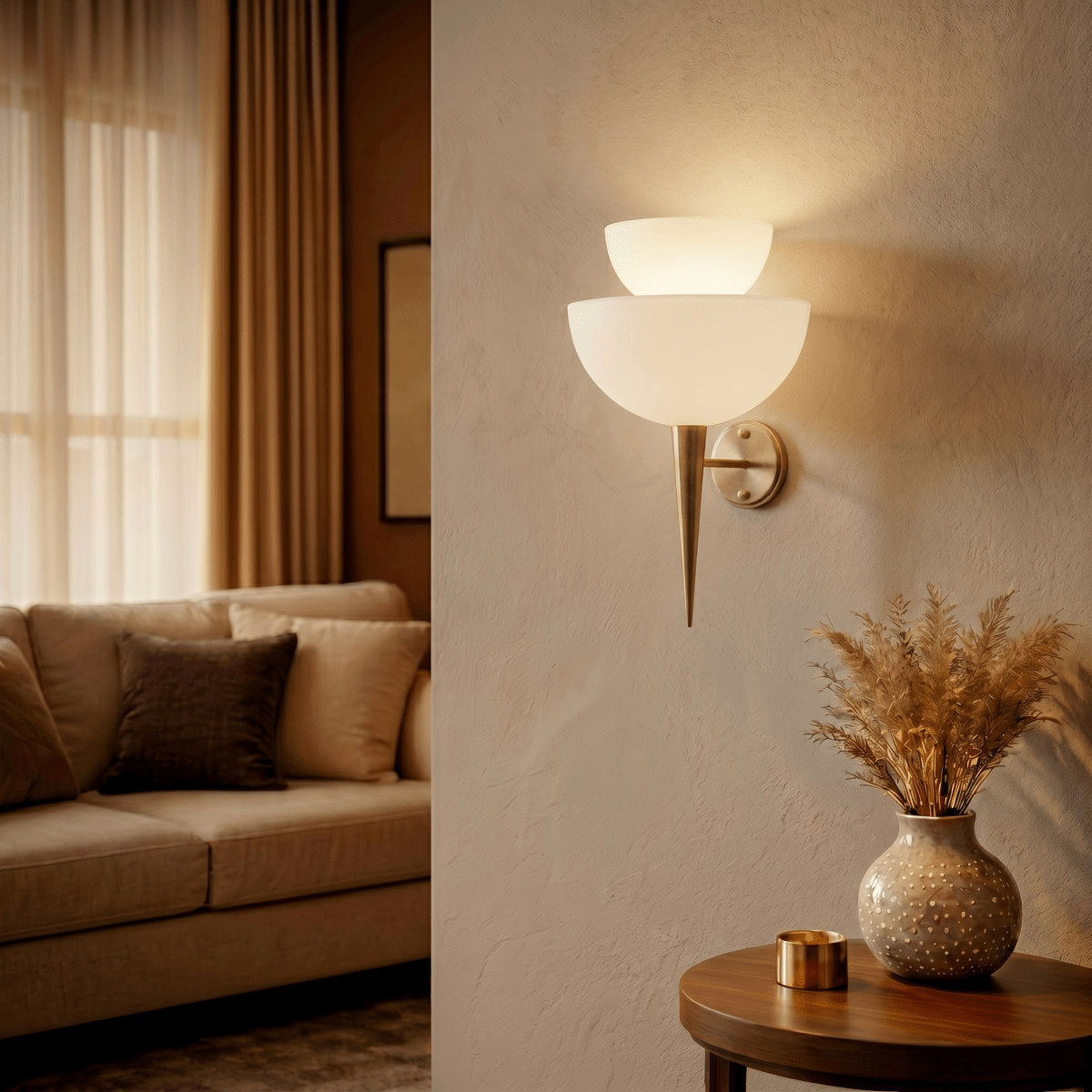 Clérachic wall lamp in brass lighting a console table with a speckled vase, beside a beige sofa.