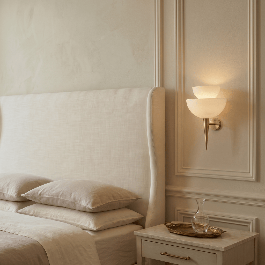 Clérachic wall lamp in brass glowing in a paneled bedroom beside a marble nightstand with a carafe.