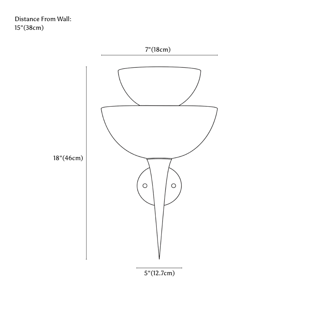 Clérachic wall light dimension drawing, every measurement marked in centimetres and inches.