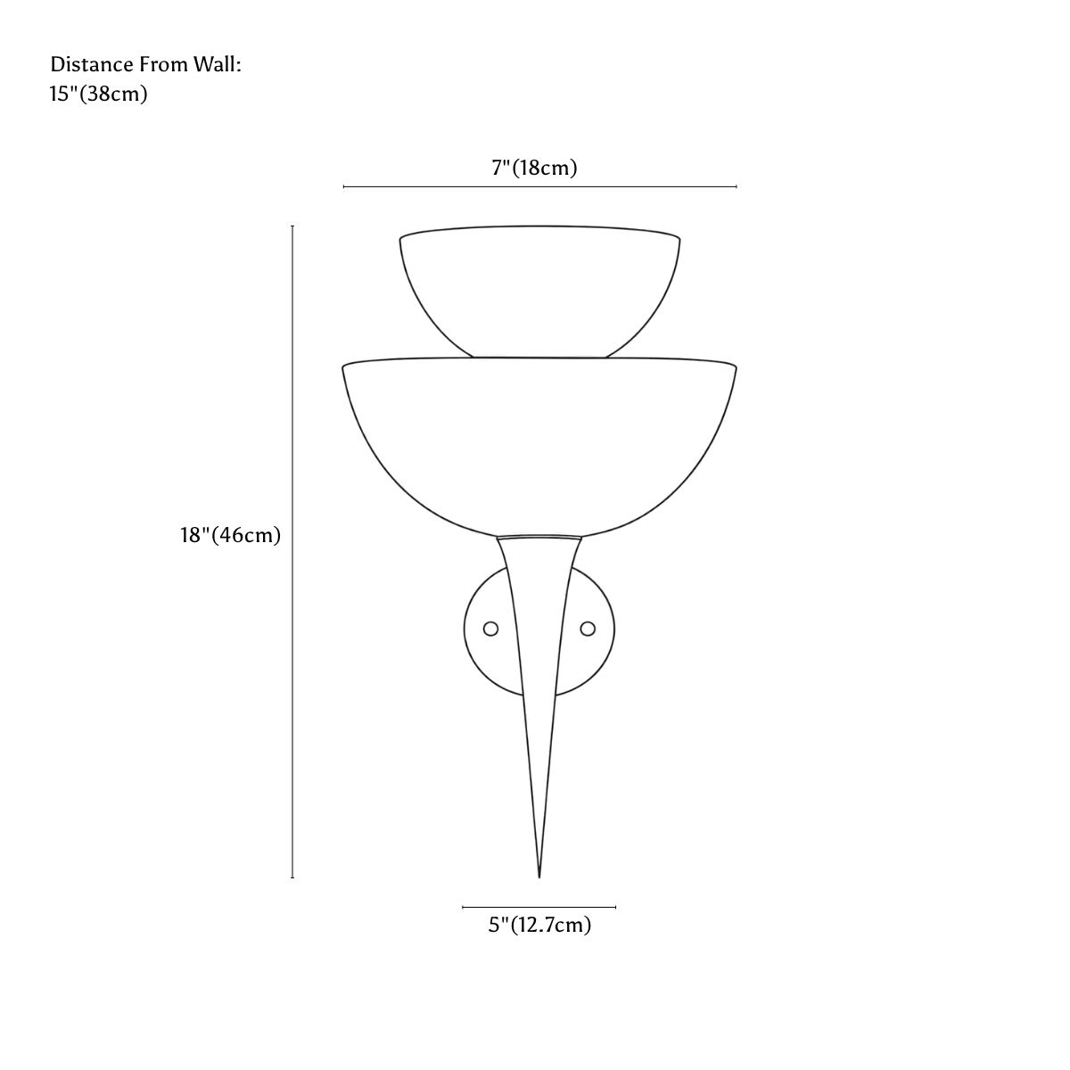 Clérachic wall light dimension drawing, every measurement marked in centimetres and inches.