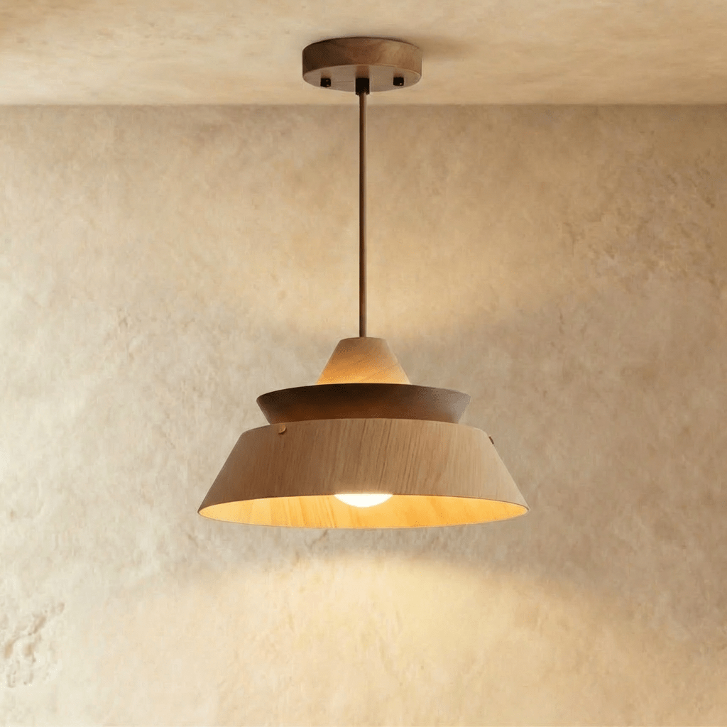 Clérachic tiered wood pendant in oak and dark walnut, glowing warm from the open base, on a round wooden canopy and rod.