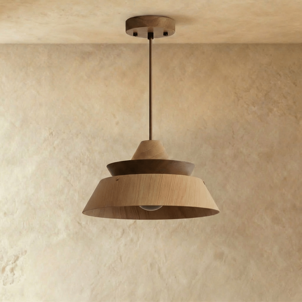 Clérachic tiered wood pendant in oak and dark walnut, unlit, hung from a slim rod and wooden ceiling plate on plaster.