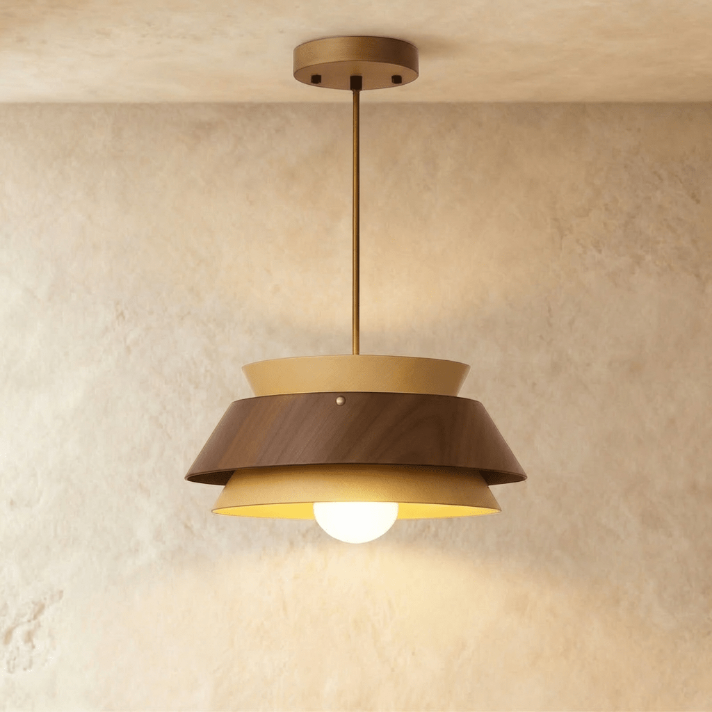 Clérachic three-tier pendant with a walnut middle band between honey-toned tiers, lit by a white globe bulb on a brass-toned rod.