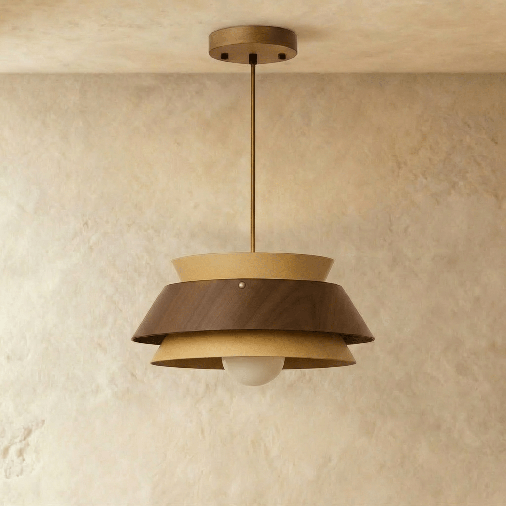 Clérachic three-tier pendant with a walnut band between honey-toned tiers, unlit, on a brass-toned rod and canopy.