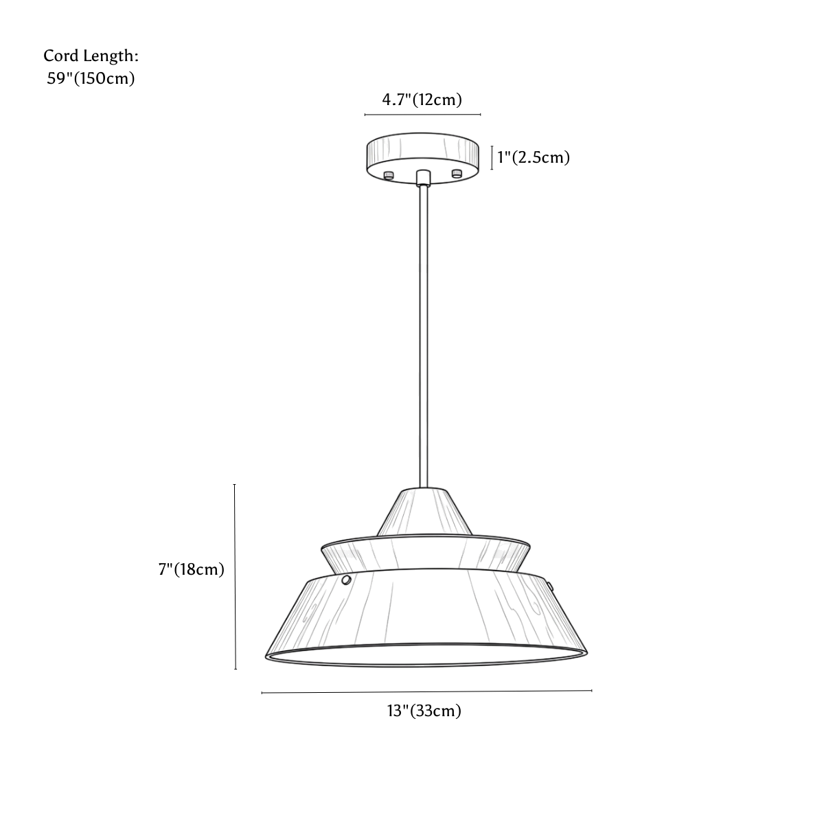 Clérachic pendant light dimension drawing, 33 × 18 cm, every measurement marked in centimetres and inches.