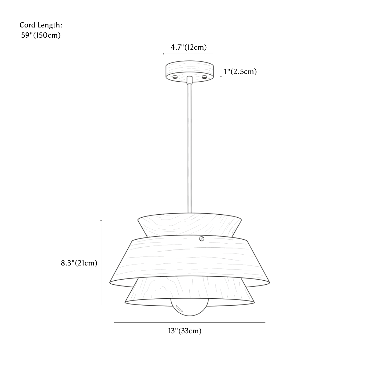Clérachic pendant light dimension drawing, 33 × 21 cm, every measurement marked in centimetres and inches.
