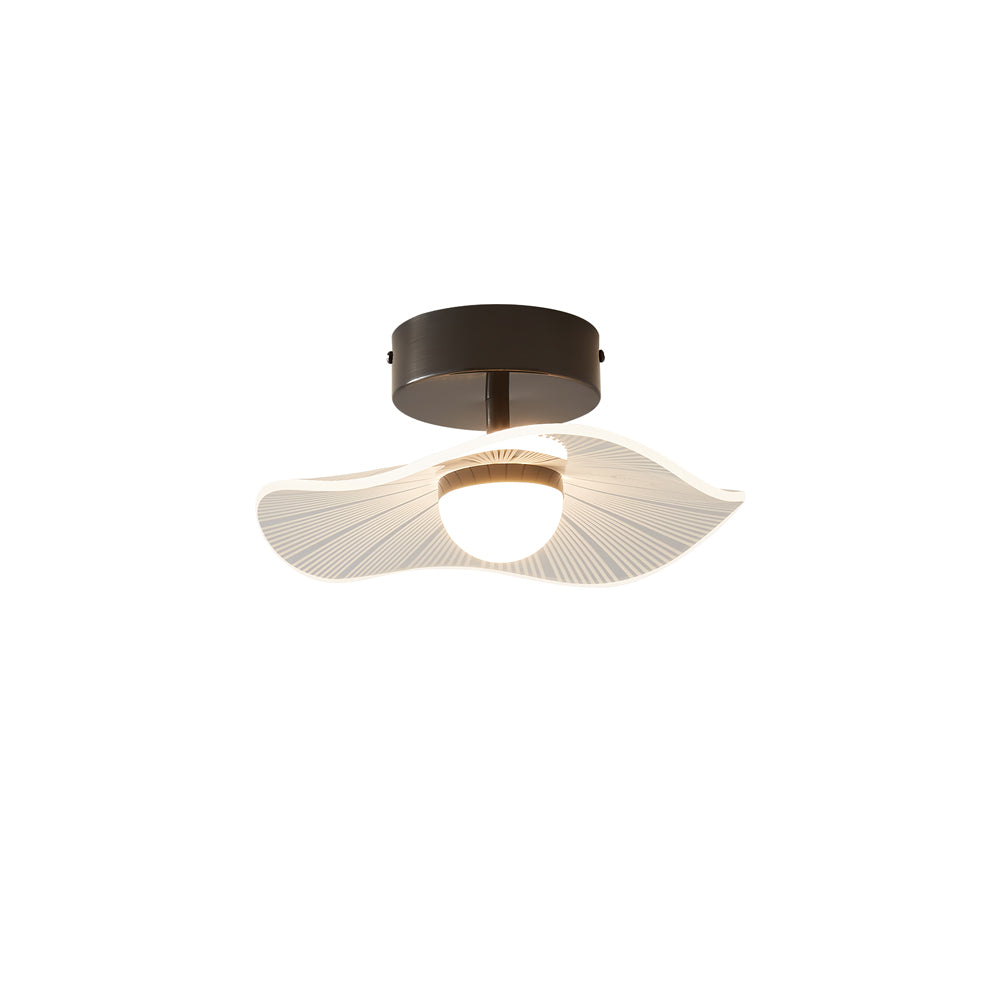 Black-fitted ceiling light with a leaf-shaped ribbed shade and a glowing opal globe, shown on white, a Clérachic ceiling light.